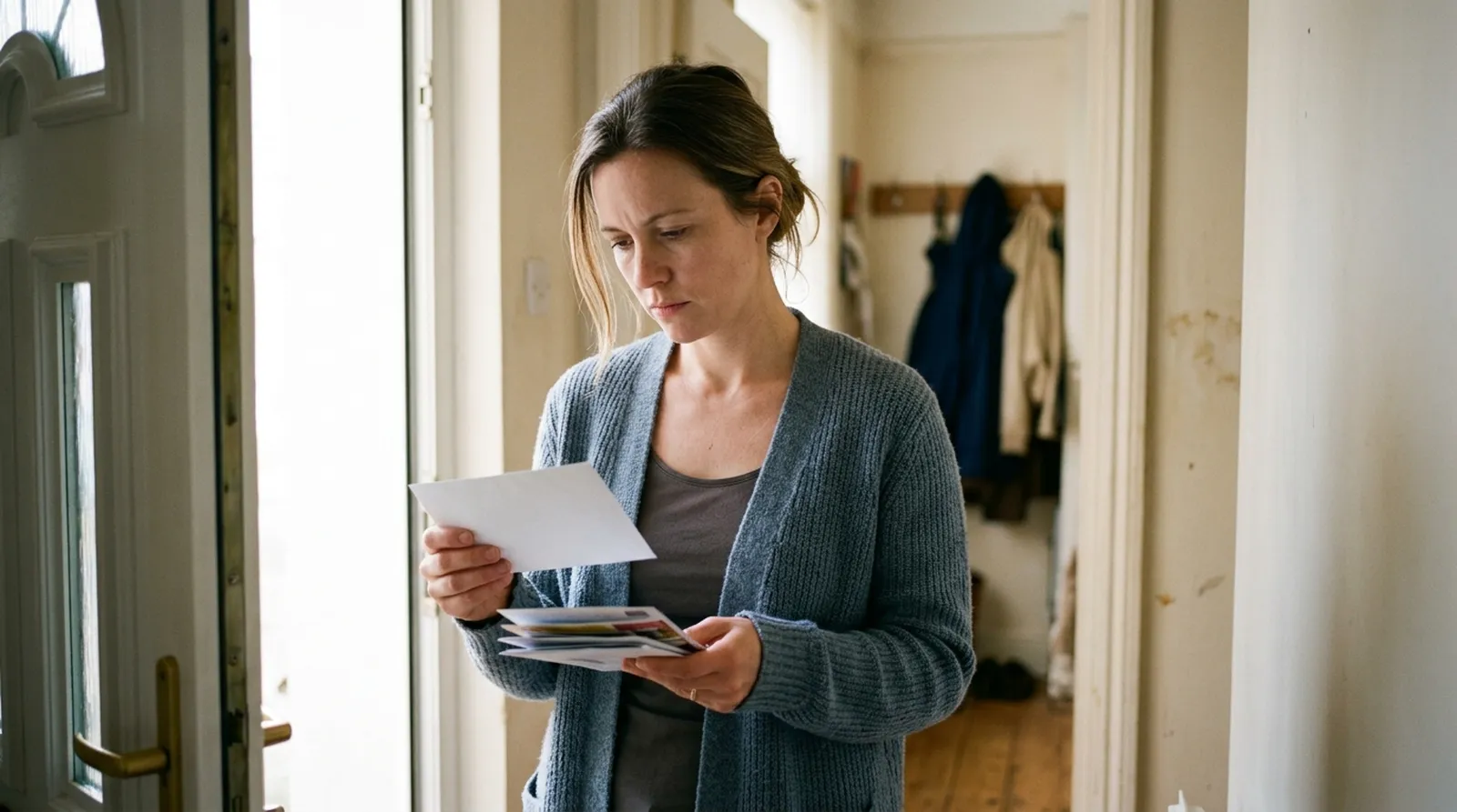 A woman in a grey cardigan stands in a hallway holding an opened letter and a small pile of mail.