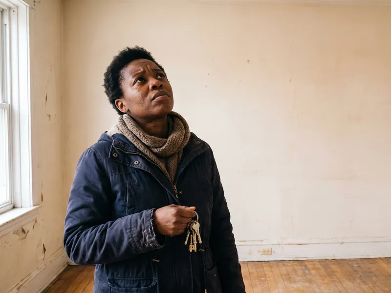 A woman in a winter coat stands in an empty room holding a set of keys, looking up at the ceiling.