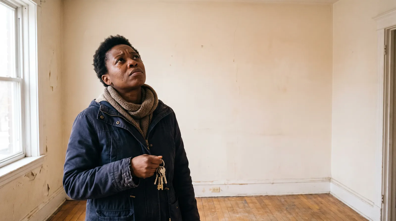 A woman in a winter coat stands in an empty room holding a set of keys, looking up at the ceiling.