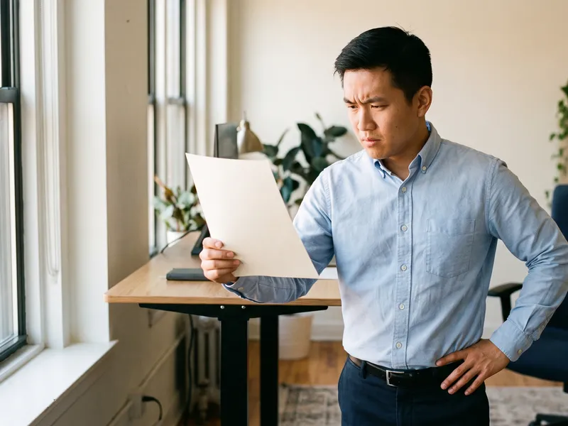 A man in a light blue shirt stands at a standing desk, frowning at a printed page.