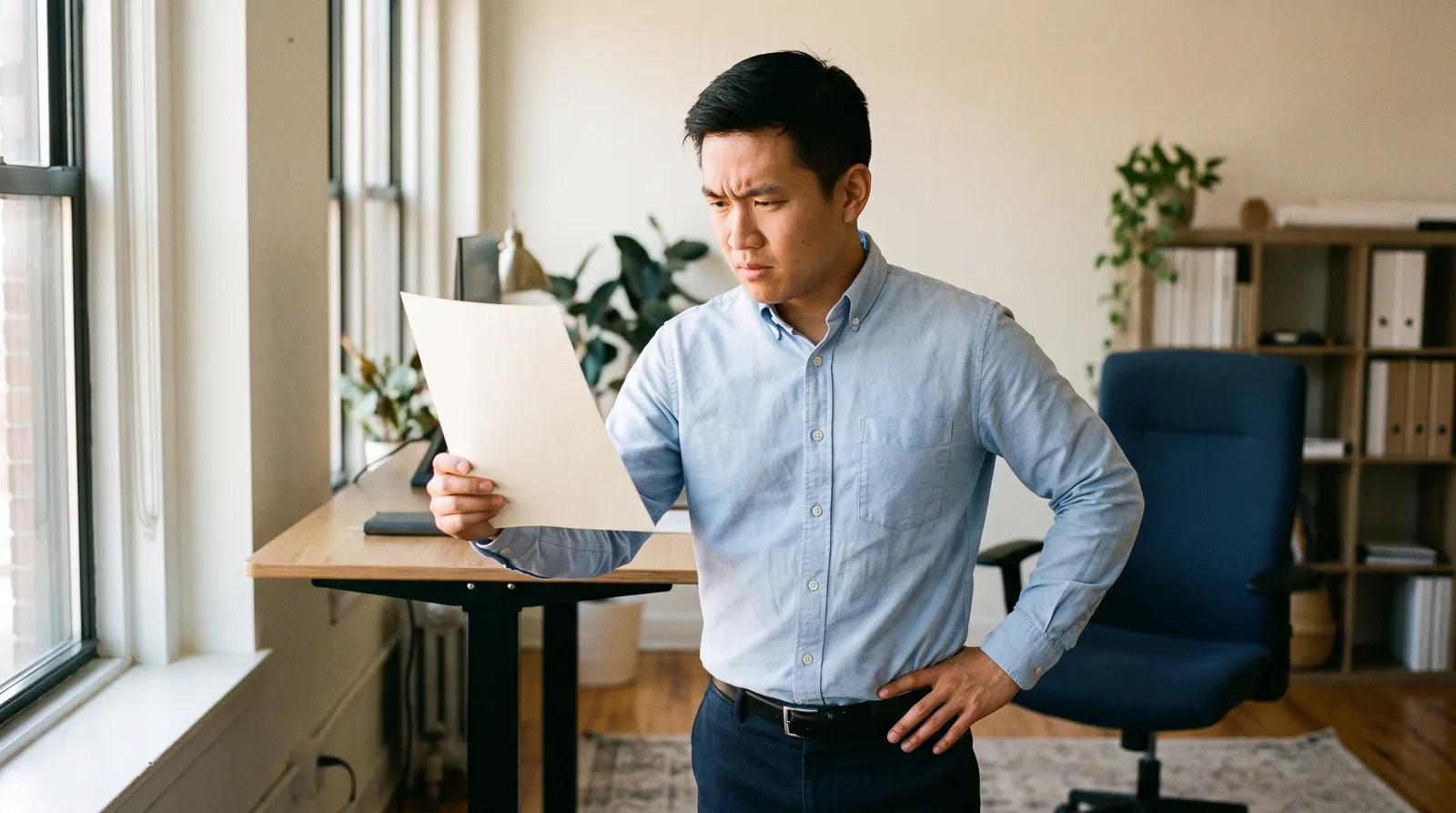 A man in a light blue shirt stands at a standing desk, frowning at a printed page.