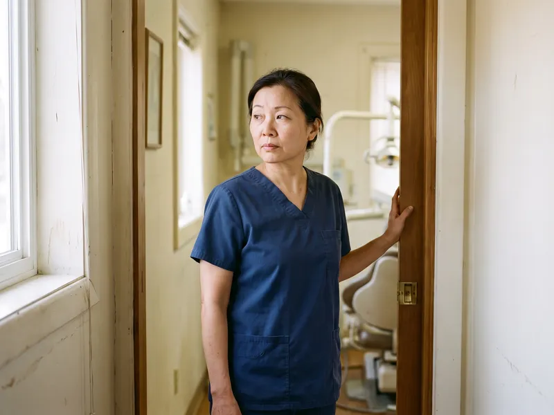 A woman in scrubs stands in a clinic doorway with one hand on the frame, looking down the corridor.