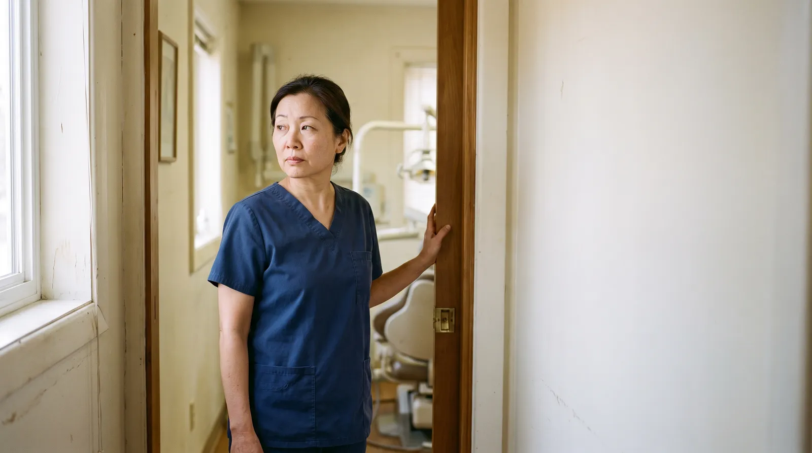 A woman in scrubs stands in a clinic doorway with one hand on the frame, looking down the corridor.