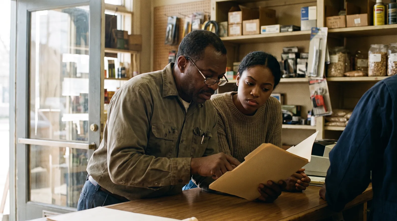 An older man and a young woman lean over an open folder together behind a shop counter.