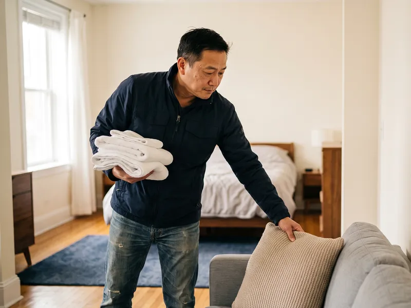 A man carries folded towels in one arm while straightening a sofa in a bedroom.
