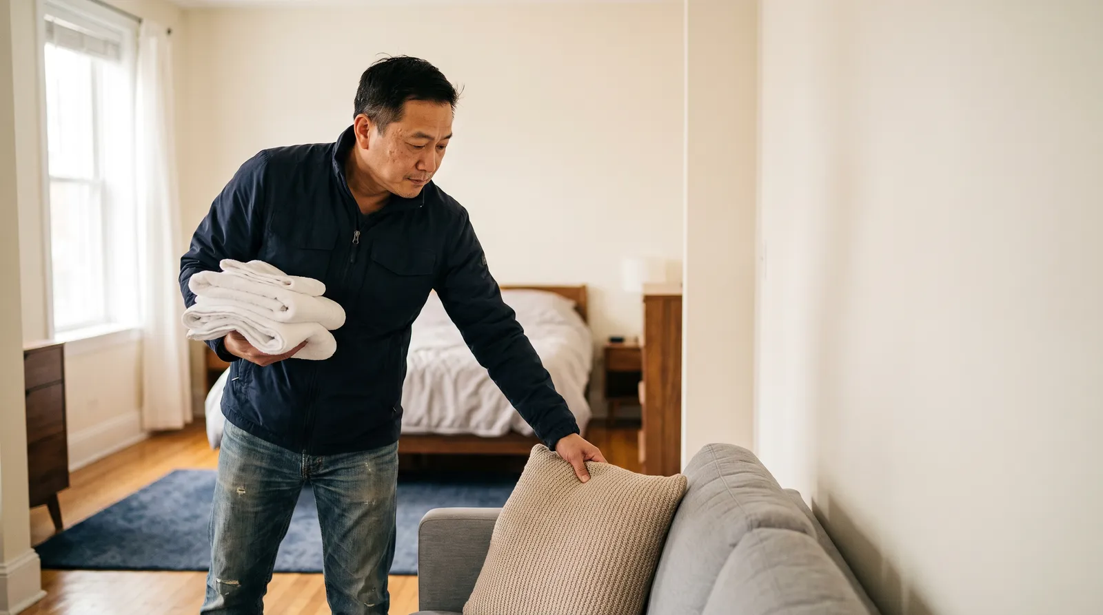 A man carries folded towels in one arm while straightening a sofa in a bedroom.