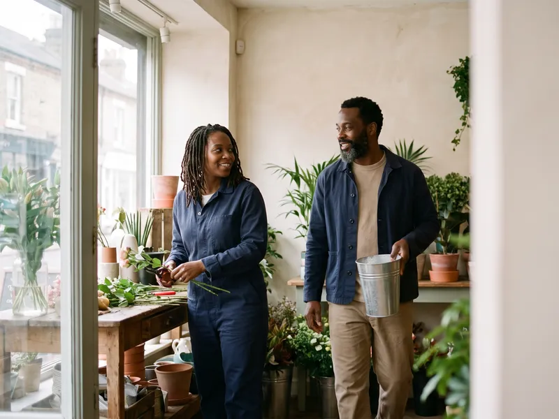 A woman trims plants at a bench in a plant shop while a man walks in carrying a watering can.