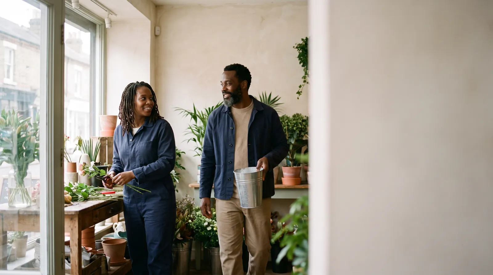 A woman trims plants at a bench in a plant shop while a man walks in carrying a watering can.