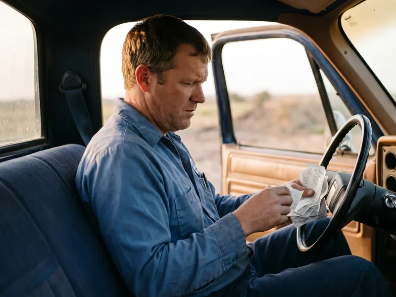A man sits in the cab of an old pickup truck, holding a cup and a folded receipt at the wheel.
