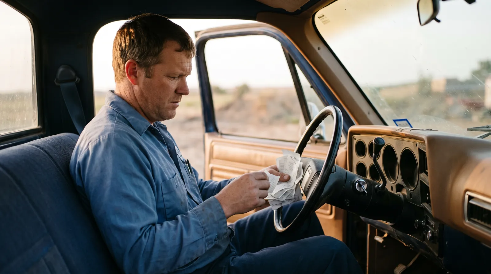 A man sits in the cab of an old pickup truck, holding a cup and a folded receipt at the wheel.