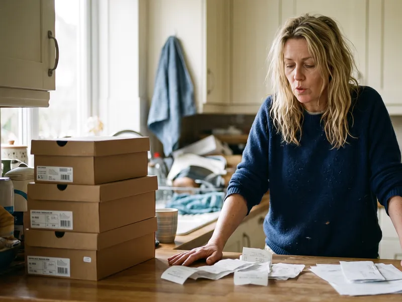 A woman leans on a kitchen counter covered in shoeboxes, receipts and printouts.
