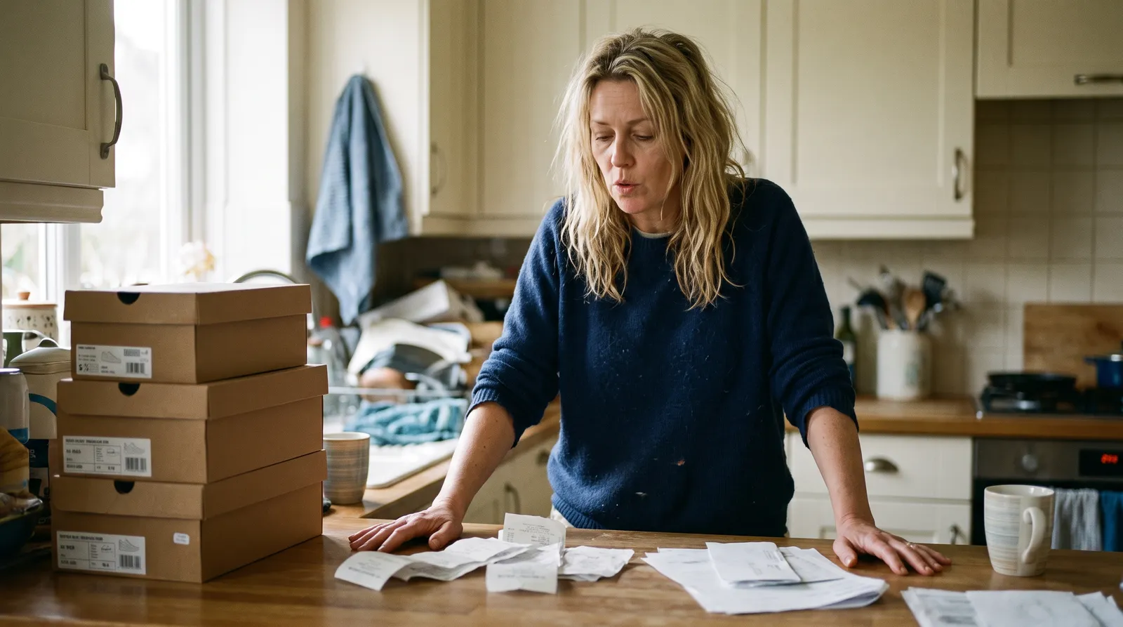 A woman leans on a kitchen counter covered in shoeboxes, receipts and printouts.