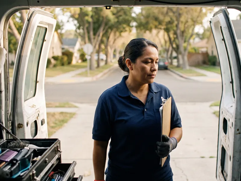 A woman in a work polo stands at the open back doors of a service van, holding a clipboard.
