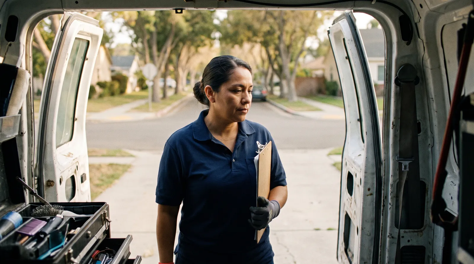 A woman in a work polo stands at the open back doors of a service van, holding a clipboard.
