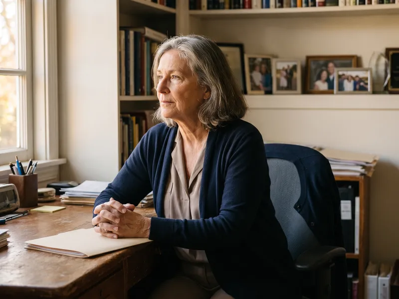 An older woman sits at her office desk with a notepad, looking towards the window.