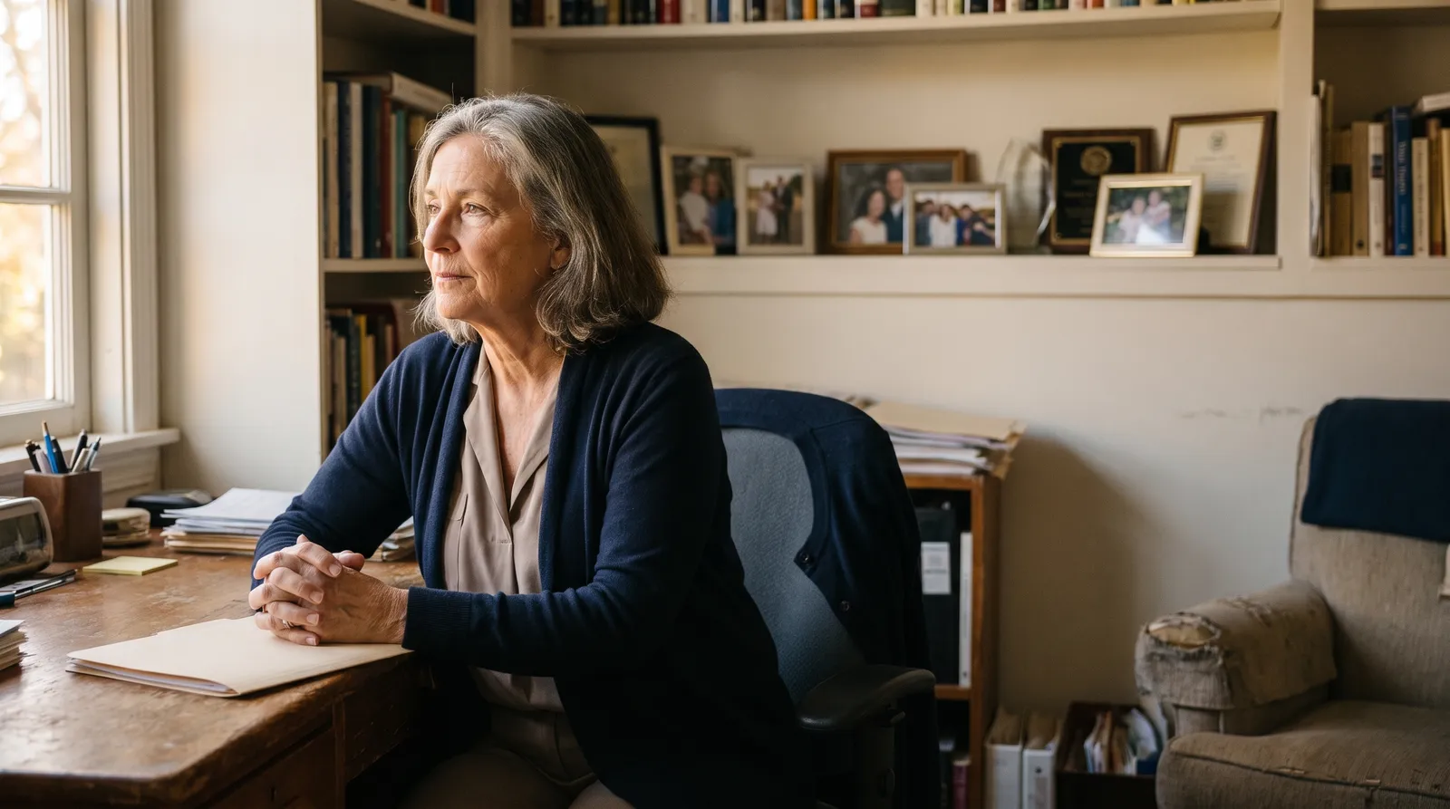 An older woman sits at her office desk with a notepad, looking towards the window.