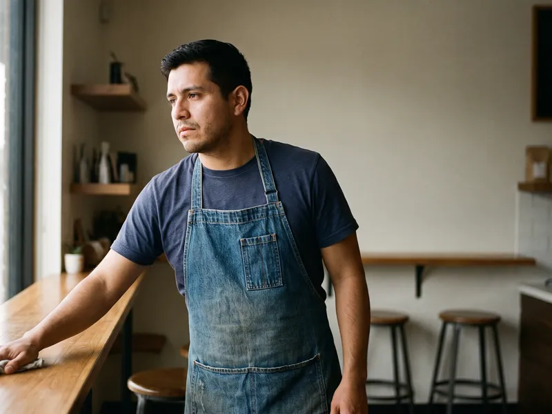 A man in an apron wipes down the counter of an empty cafe, looking out of the window.