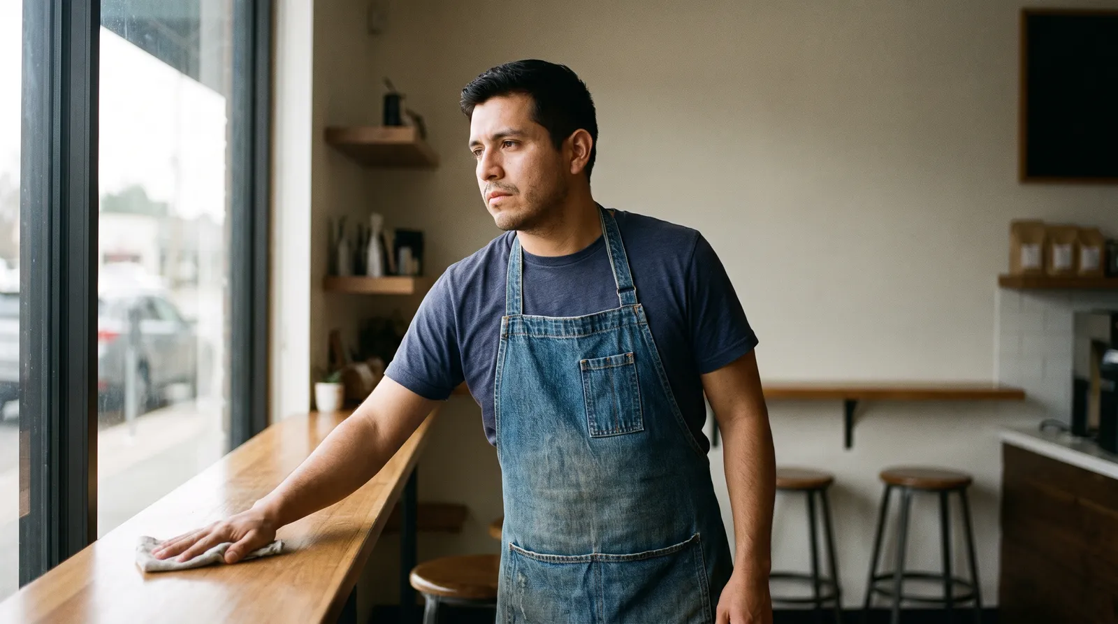 A man in an apron wipes down the counter of an empty cafe, looking out of the window.