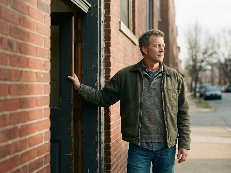 A man in a work jacket stands in a brick doorway, one hand on the frame, looking down an empty street.