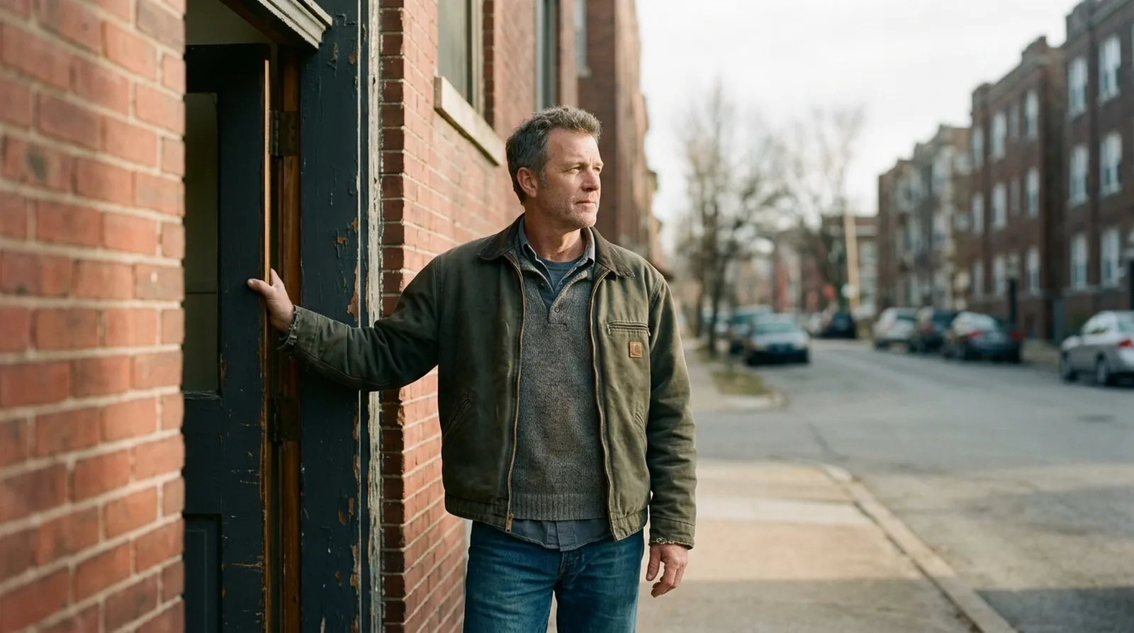 A man in a work jacket stands in a brick doorway, one hand on the frame, looking down an empty street.