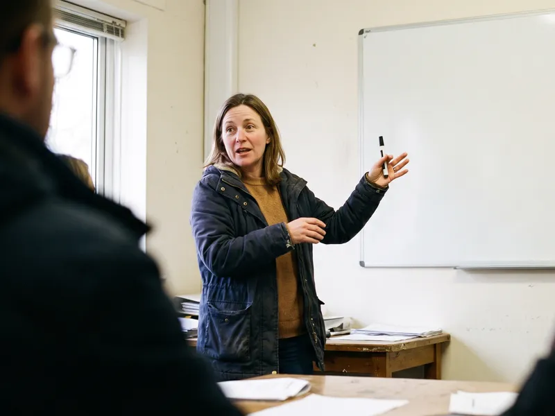 A woman stands at a whiteboard explaining something to two people seated in front of her.