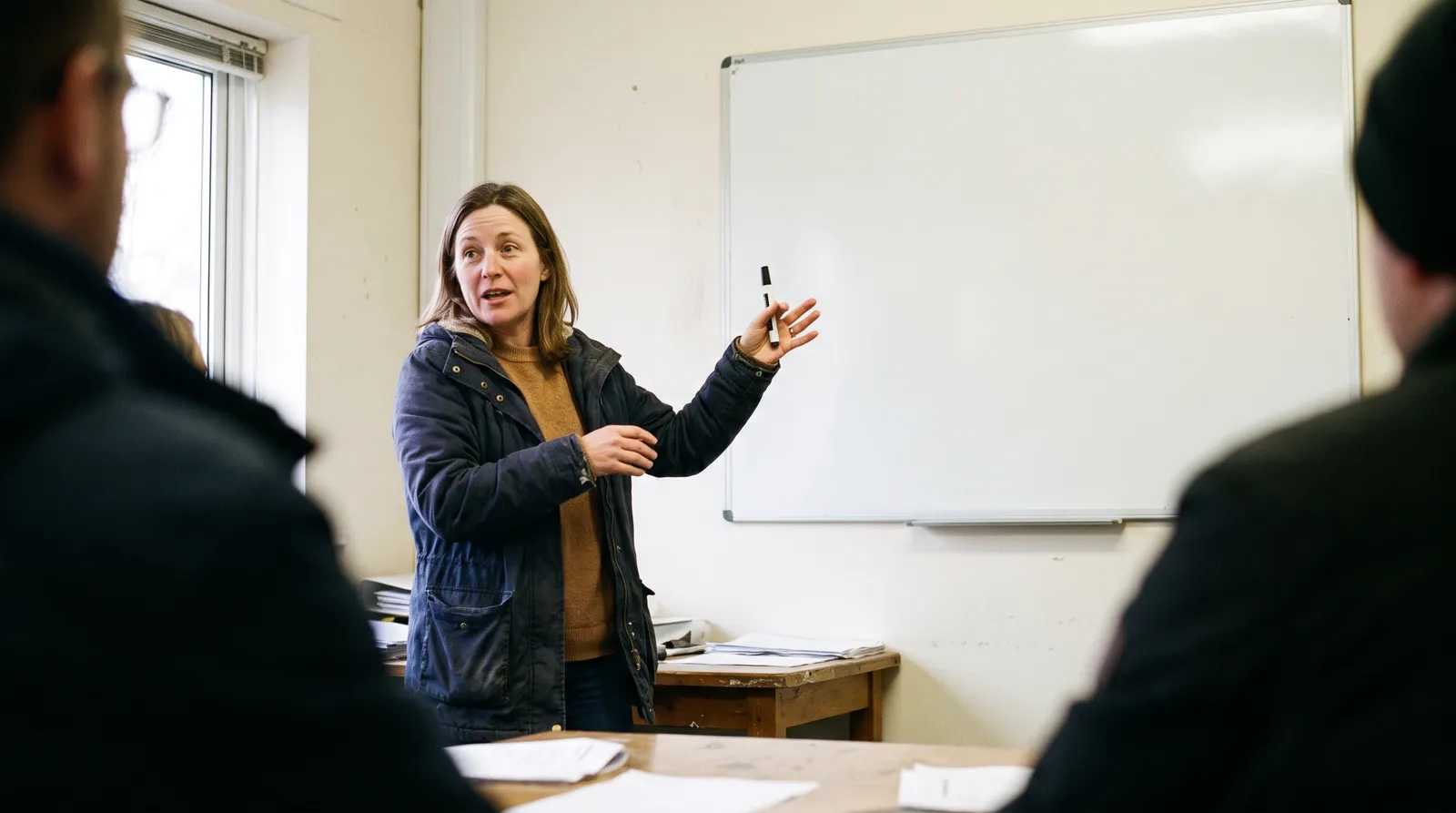 A woman stands at a whiteboard explaining something to two people seated in front of her.