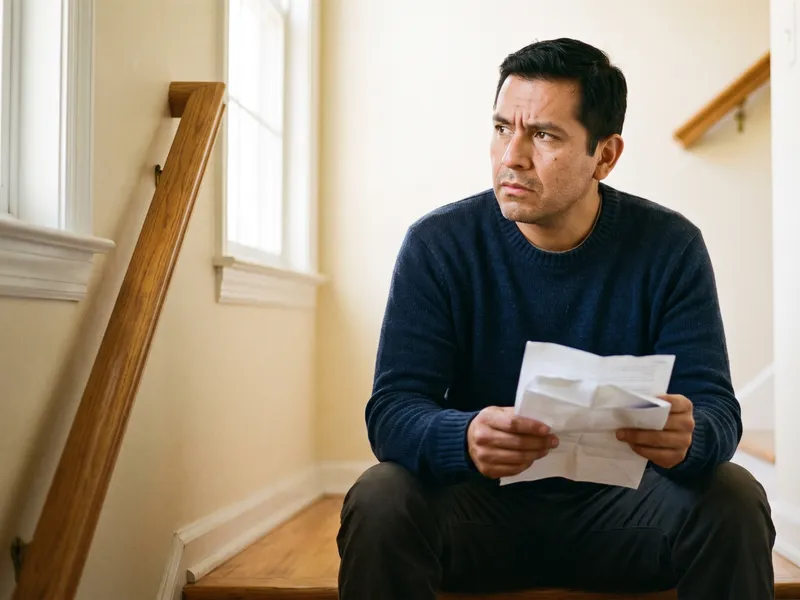 A man sits on a staircase holding an opened letter, looking away from it.