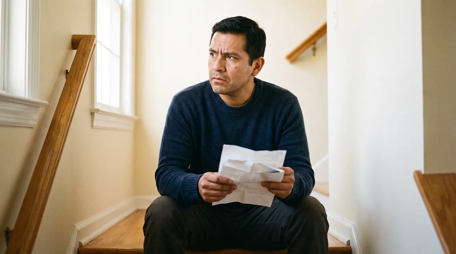 A man sits on a staircase holding an opened letter, looking away from it.