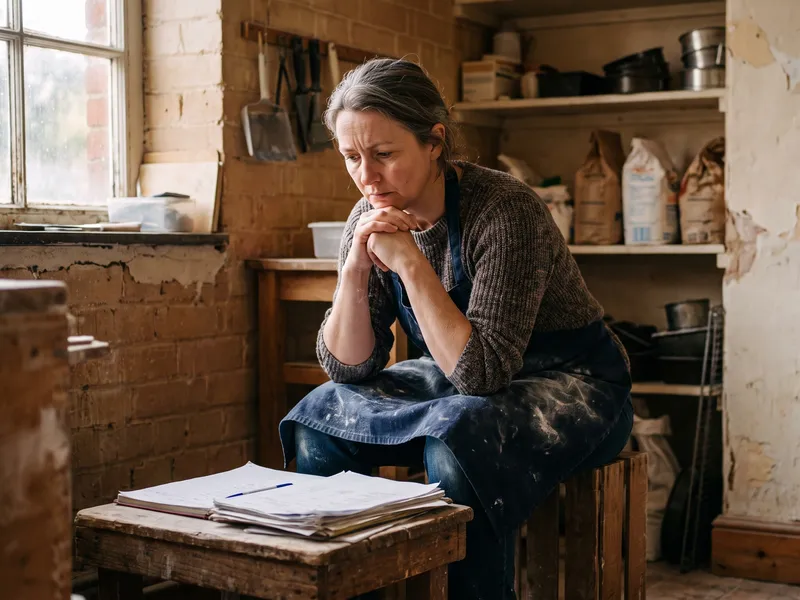 A woman in a flour-dusted apron sits on a low bench in a bakery store room, hands clasped, papers beside her.