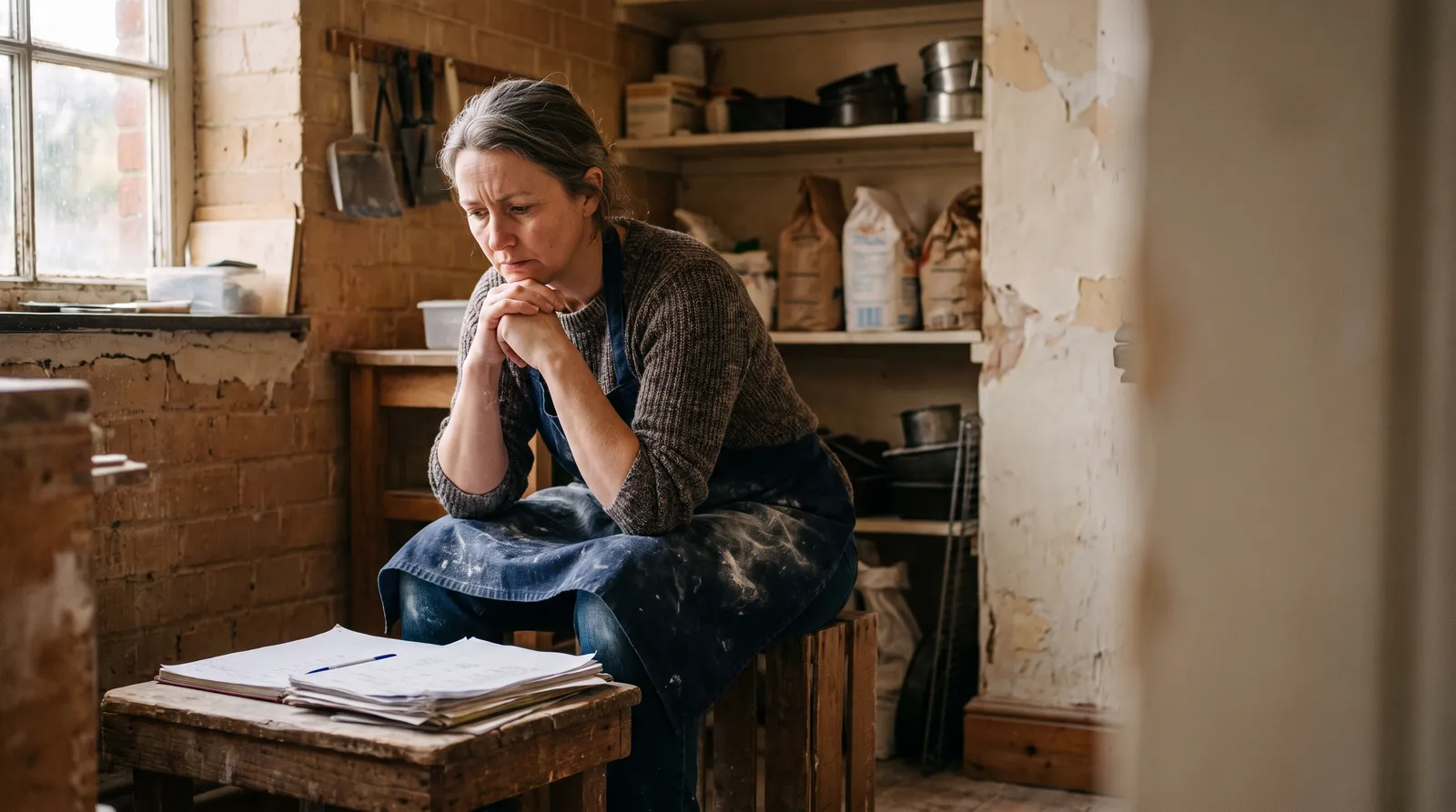 A woman in a flour-dusted apron sits on a low bench in a bakery store room, hands clasped, papers beside her.