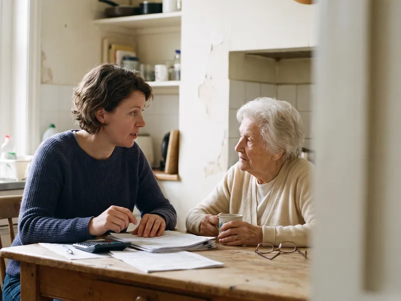 A woman sits at a kitchen table with an older woman, papers and a calculator between them.