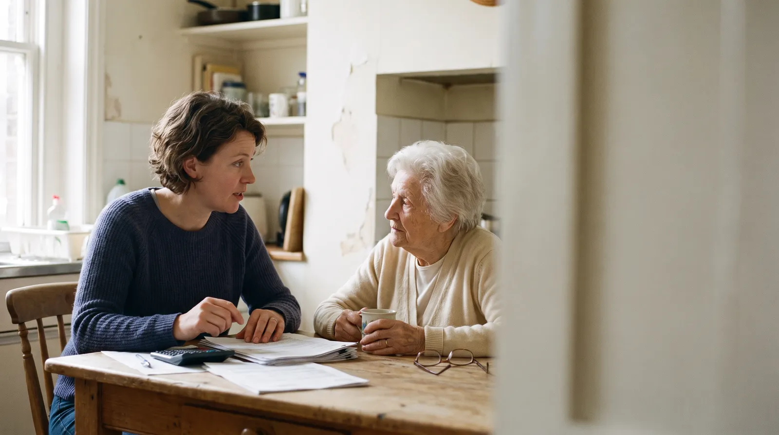A woman sits at a kitchen table with an older woman, papers and a calculator between them.