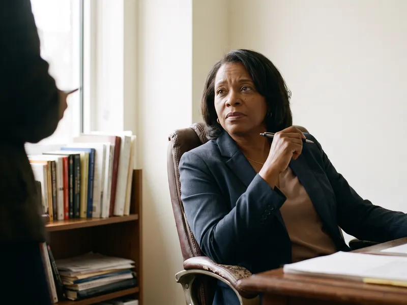 A woman sits behind a desk holding her glasses, listening to someone standing in front of her.