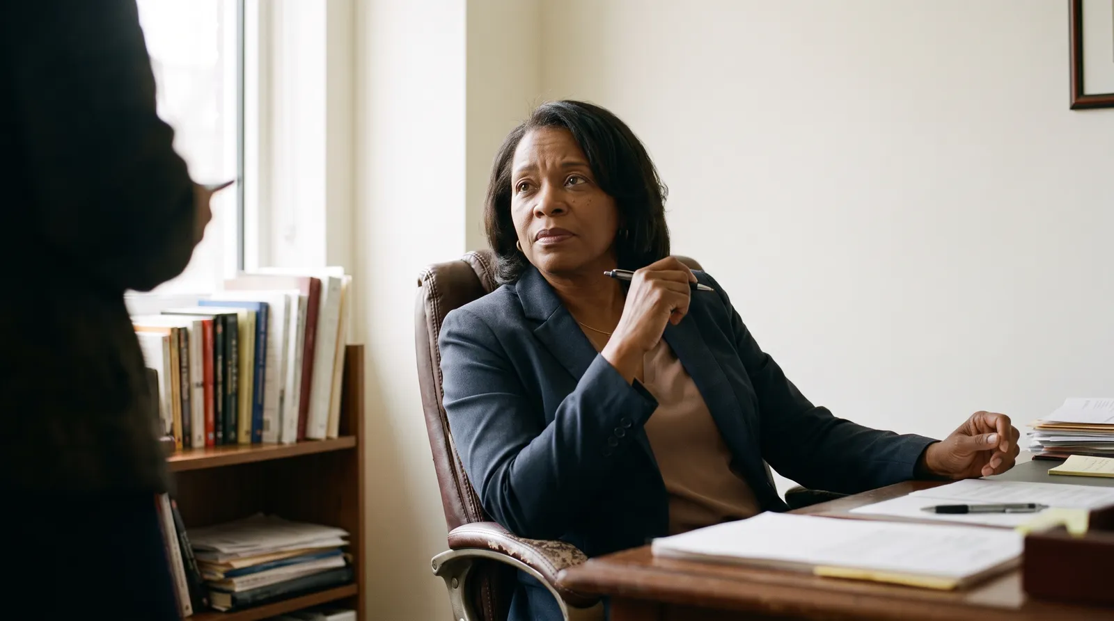 A woman sits behind a desk holding her glasses, listening to someone standing in front of her.