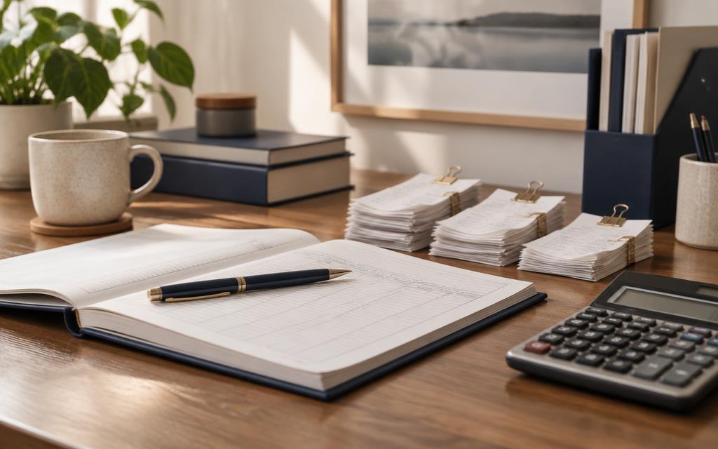 An open ledger, clipped receipts and a calculator on a desk