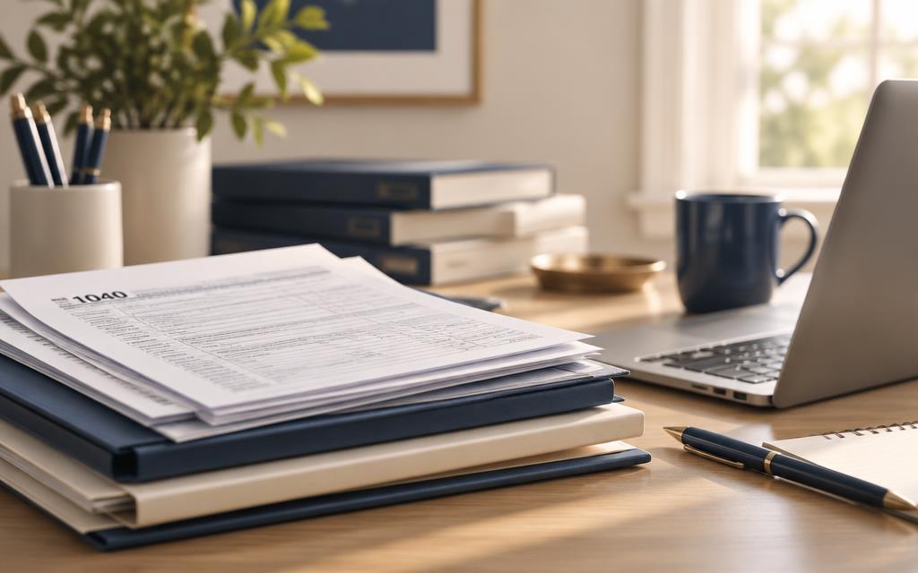 A stack of tax forms and folders beside a laptop on a desk
