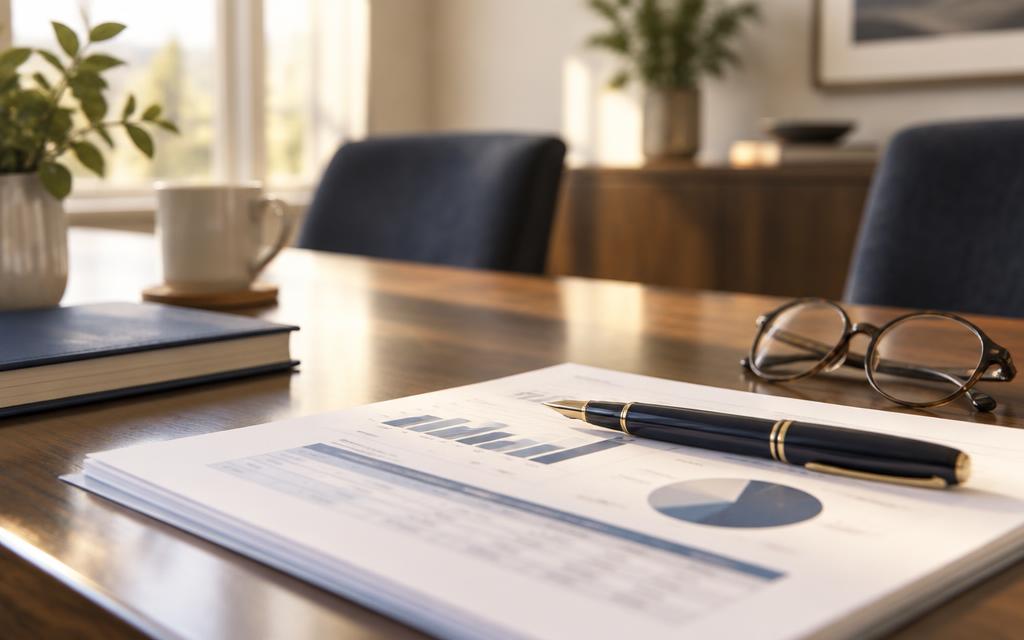 A printed plan, a pen and reading glasses on a meeting table